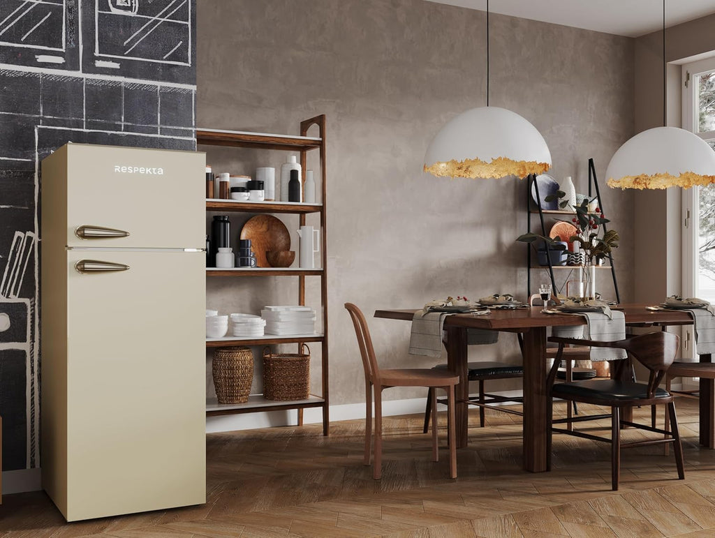 Respekta Retro-Kühlschrank mit Gefrierfach/in schwarz / 145 x 54 cm / 213 L Nutzinhalt/verstellbare Füße/automatisches Abtauverfahren/Schnellgefrierfunktion / KS144VS