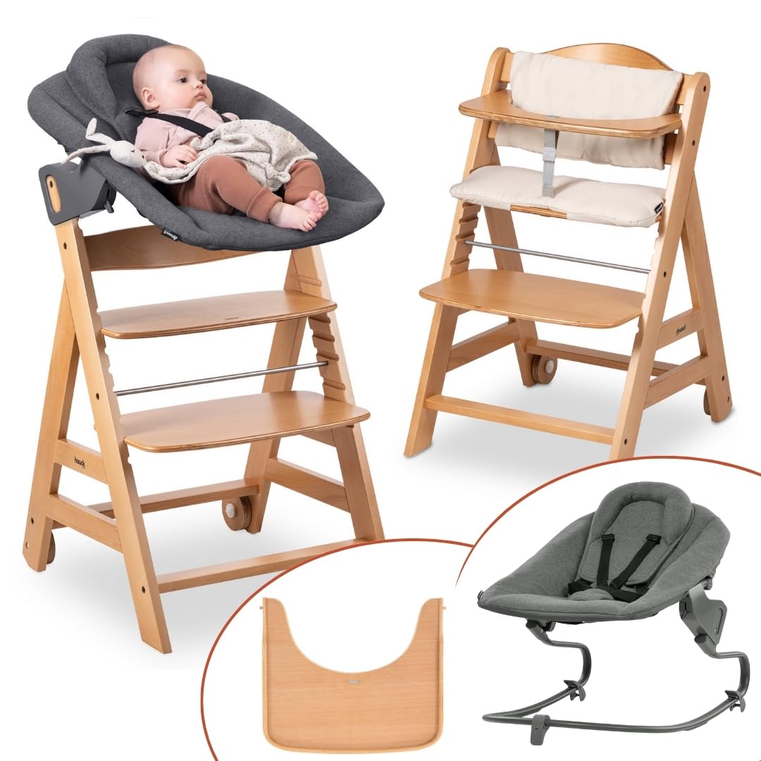 hauck Hochstuhl Beta+ Newborn Set Premium Dark Grey - Babyhochstuhl Set ab Geburt mit Neugeborenen Aufsatz Bouncer, Sitzpolster und Essbrett - Dark Grey
