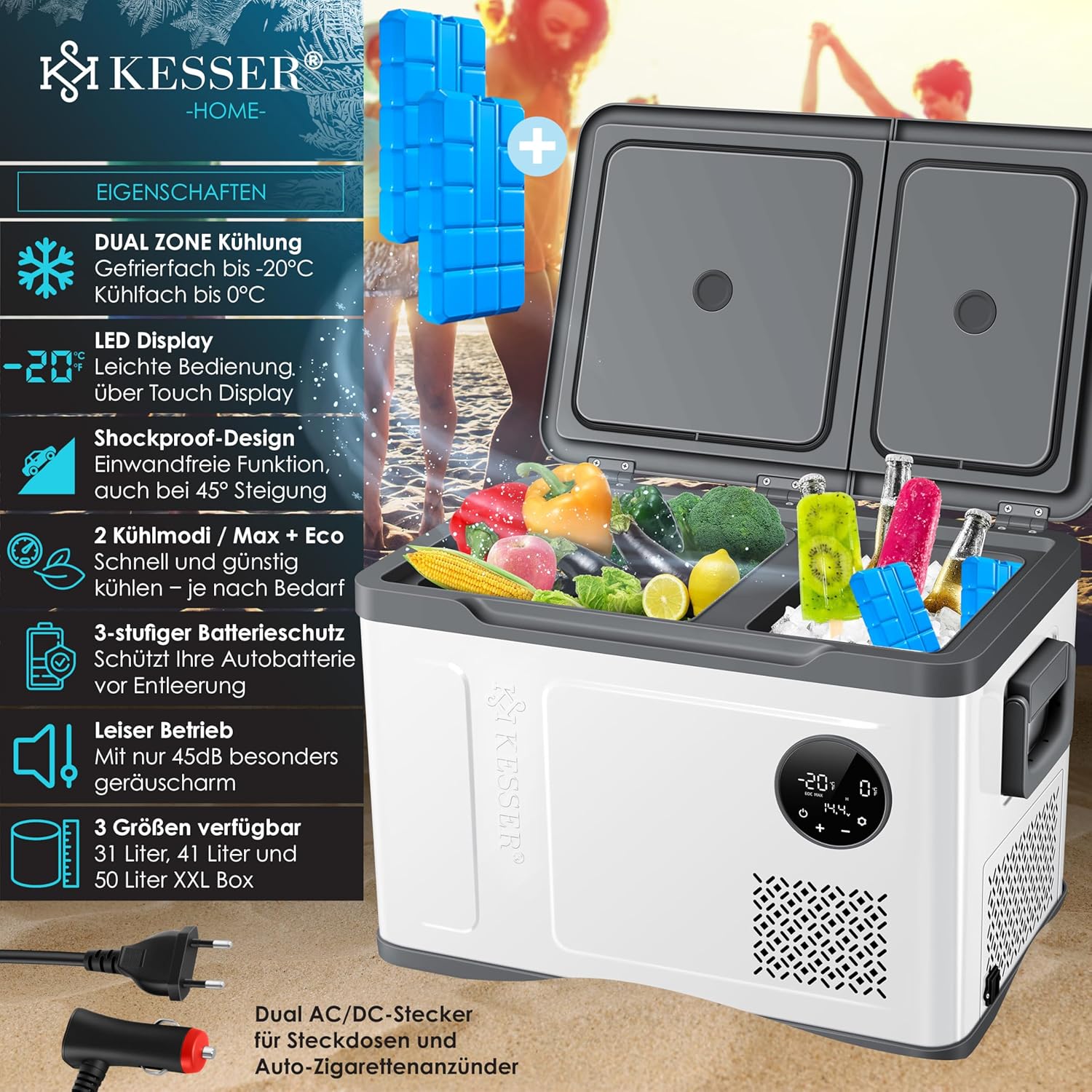 KESSER Kompressor Kühlbox 2in1 Doppelzone Kühl & Gefrierfach elektrische Gefrierbox mit 2x Kühlakkus & LED-Touch-Bedienung | Kühlschrank Kühlung bis -20 °C für Camping, Auto, Lkw 12/24V 230V