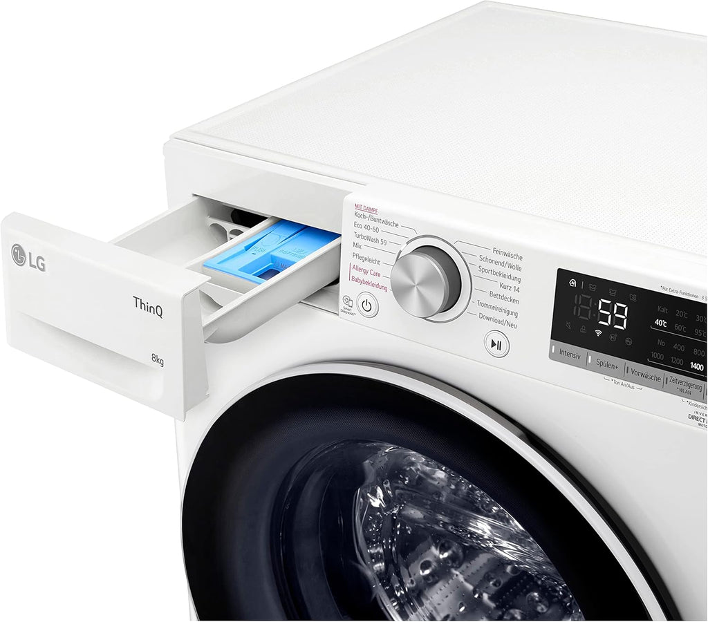 LG F4WV7080, Klasse A, Frontlader-Waschmaschine 8 kg, 1400 U/Min, AI Direct Drive, Wi-Fi, Tiefenreinigung mit Dampf, Groe Kapazitt, TRIPLE A, Auentür aus Sicherheitsglas, 62 x 60 x 85 cm Wei