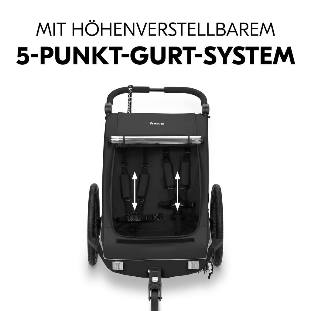 hauck Fahrradanhänger & Kinderwagen Dryk Duo Plus mit Federung, für 2 Kinder (6-48 Monate), inkl. Deichsel, Buggyrad, Fahne und LED Licht, Faltbar, Höhenverstellbar, XL Kofferaum (Dark Green)