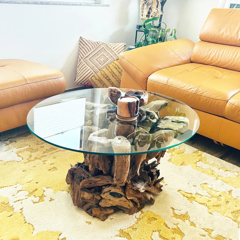 Handgearbeiteter Couchtisch IKAL aus Wurzelholz inkl. Glasscheibe  80 cm