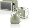 Swan Retro Frühstücks-Set 1,8 L Wasserkocher, 2 Scheiben Breitschlitz-Brottoaster, 20L Digital-Mikrowelle, 6 Leistungsstufen, Timer, Spiegeltür, Vintage Design, Grün, Einheitsgröße