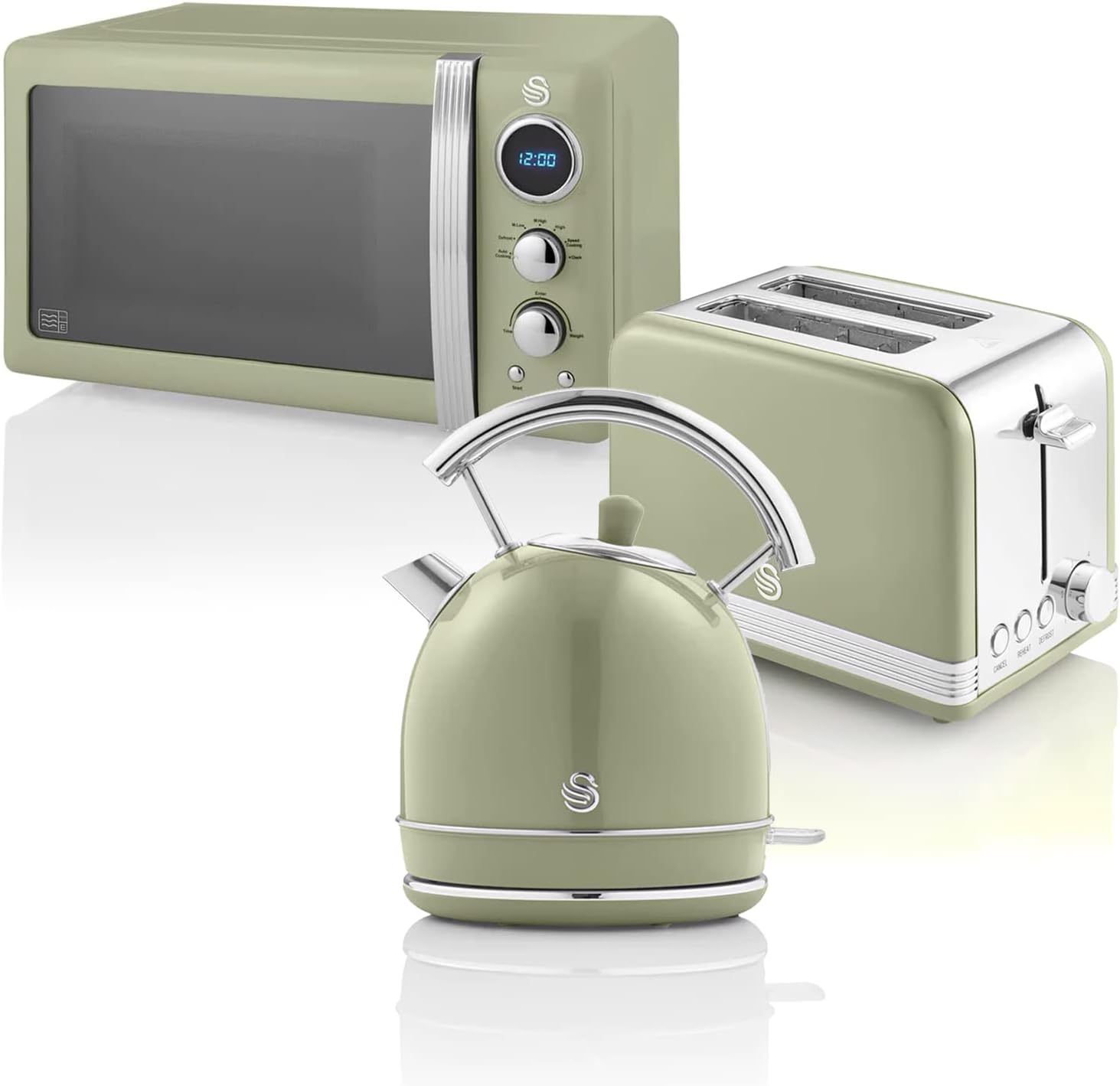 Swan Retro Frühstücks-Set 1,8 L Wasserkocher, 2 Scheiben Breitschlitz-Brottoaster, 20L Digital-Mikrowelle, 6 Leistungsstufen, Timer, Spiegeltür, Vintage Design, Grün, Einheitsgröße