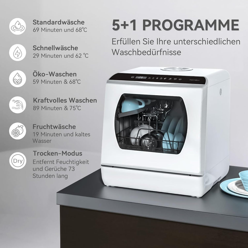 Hermitlux Mini Geschirrspüler, Spülmaschine für 4 Bestecksätze, 5 Liter Wassertank, 6 Programme Mini Tischgeschirrspüler, Perfekt für Wohnungen, Schlafsäle, Camping, Weiß