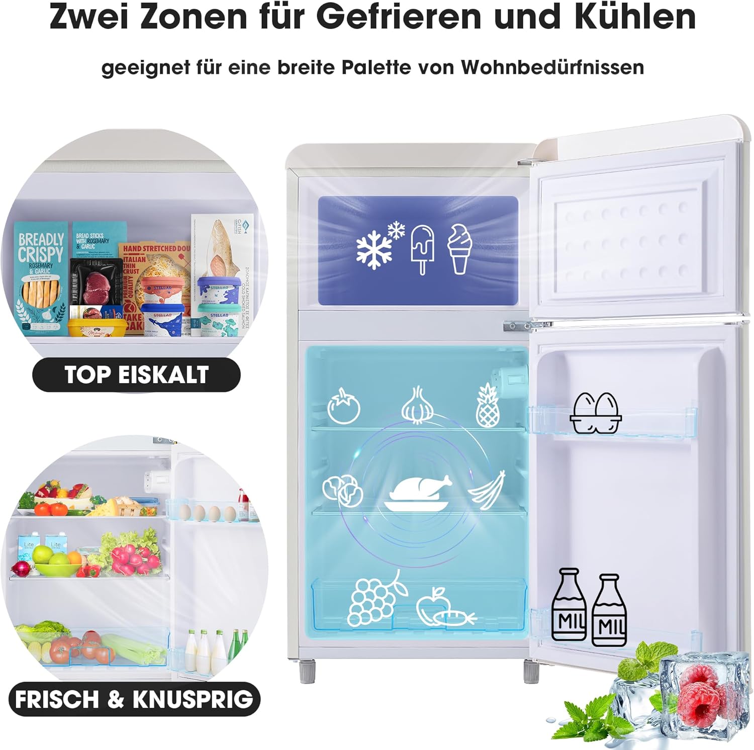 Merax Kühlschrank mit Gefrierfach, Kühl-Gefrierkombination, klein Kühlschrank mit 51L und Gefrierschrank 21L, Leise, LED, Glasablagen, Gemüsefach, Türablagen, für Küche, Wohnzimmer, Büro, Schwarz