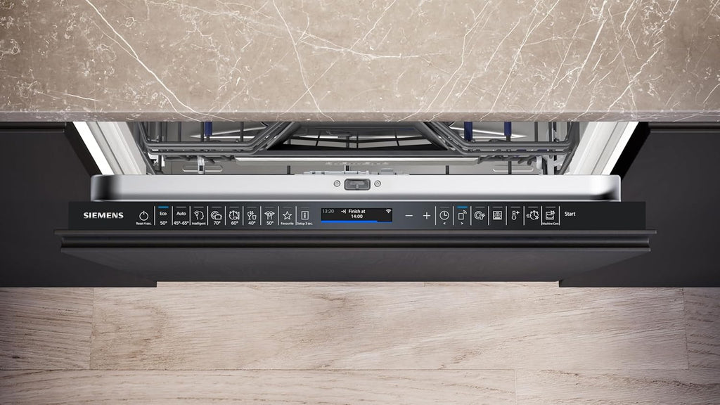 Siemens SN43ES14VE, iQ300 Smarter Geschirrspüler, Unterbau-Spülmaschine mit Besteckschublade, 60 cm, automatische Türöffnung dank autoOpen dry, besonders leise mit iQdrive-Motor, aquaStop, Edelstahl