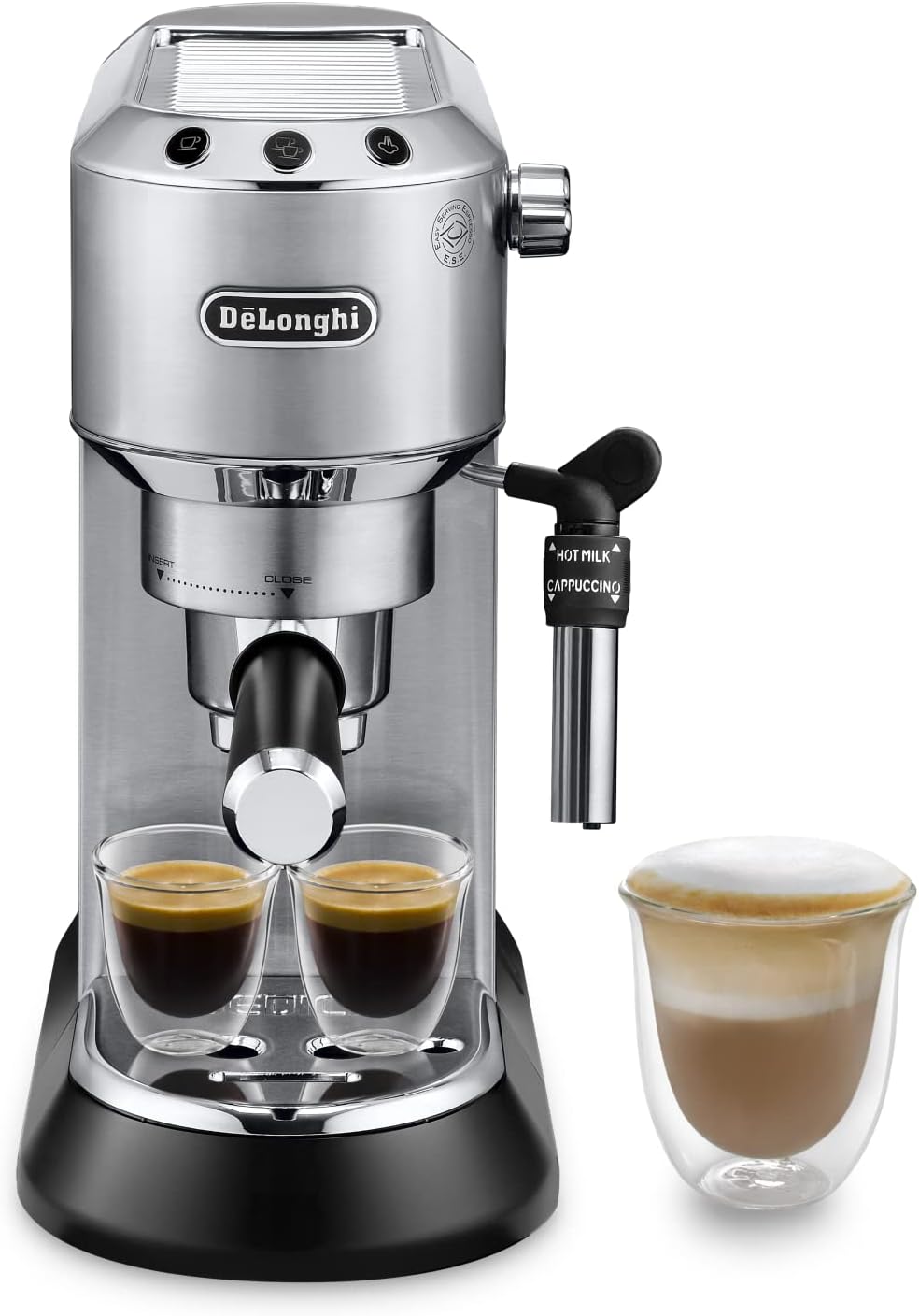 De'Longhi Dedica Style EC 685.M – Espresso Siebtrgermaschine, Espressomaschine mit professionellem Milchaufschumer, nur 15 cm breit, für Kaffeepulver oder ESE Pads, 1 l Wassertank, silber