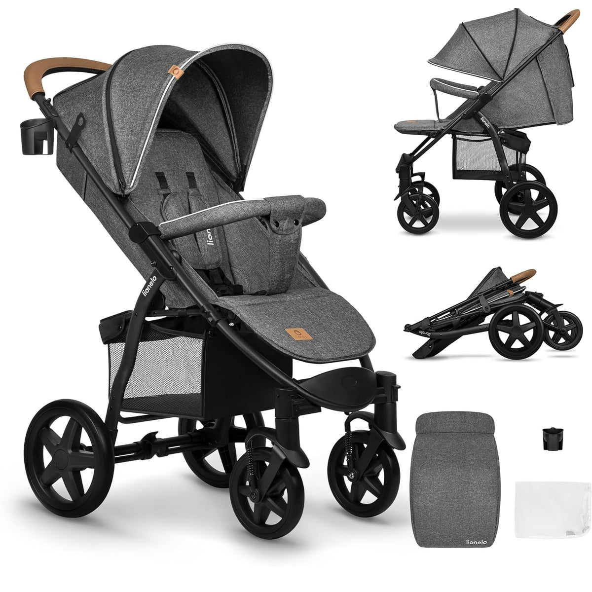 LIONELO Annet Plus Buggy bis 22 kg mit Liegefunktion, Kinderwagen klein zusammenklappbar mit Zubehör, Eva-Schaum-Räder, Moskitonetz, Fußdecke Getränkehalter, Korb