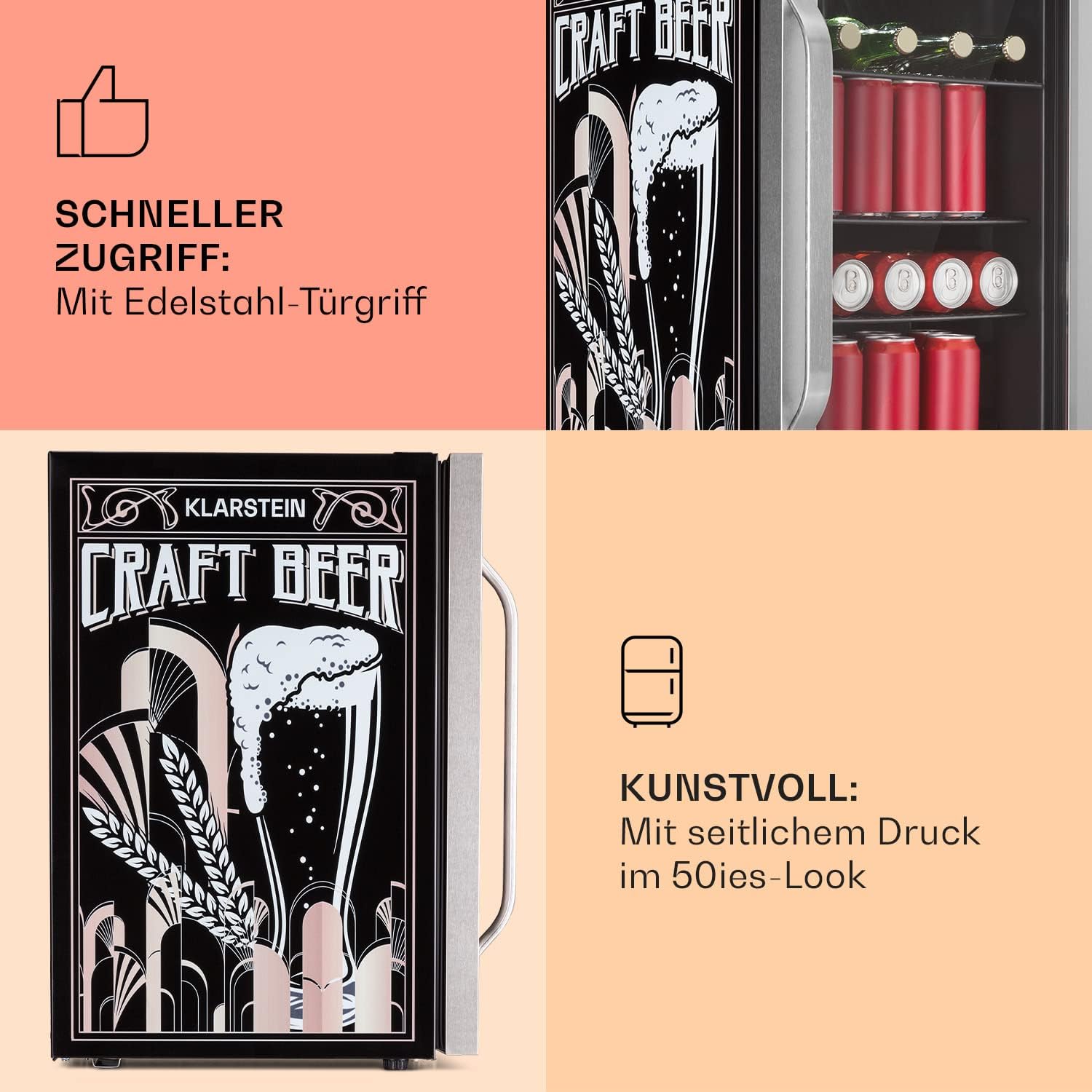 Klarstein Kühlschrank 70L, Kleiner Kühlschrank mit Herausnehmbaren Ablagen, Leiser Mini Kühlschrank mit Glastür & LED, Getränkekühlschrank Klein, Outdoor Geeignet, Biersafe für Flaschen, 0-10°C