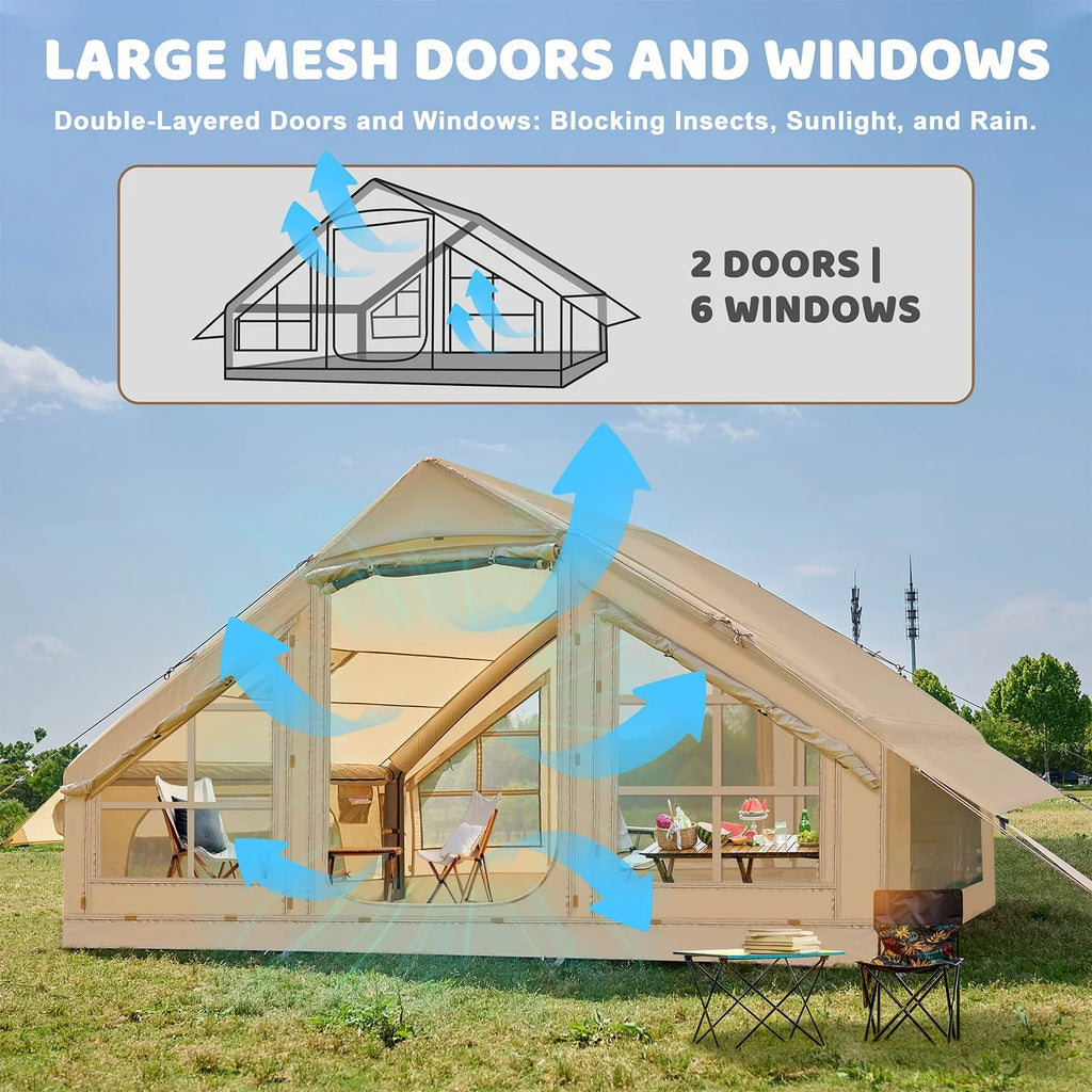 6 Person Inflatable Camping Tent with Pump, 10ft x7ft Glamping Family Tent Easy Setup 4 Season Waterproof Windproof Outdoor Blow Up Tent Luxury Oxford Cabin with Mesh Windows & Doors  sgtnighsdesigns