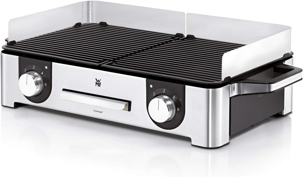 WMF Lono Master-Grill, Elektrogrill, 50x28 cm, Elektrogrill Tischgrill mit Windschutz und Auffangschale, Outdoorzertifiziert für Barbecue, 2 getrennt regulierbare Grillflächen, 2400 W, edelstahl matt