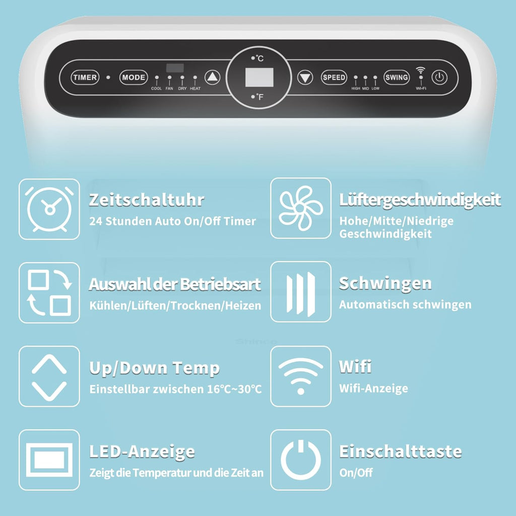 SHINCO Mobile Klimaanlage mit Abluftschlauch, 12000BTU, Kühlung&Heizung&Ventilieren&Entfeuchten, Mobiles Klimagert mit Fenstermontage-Kit, 24H-Timer, APP, für Rume von etwa 90m