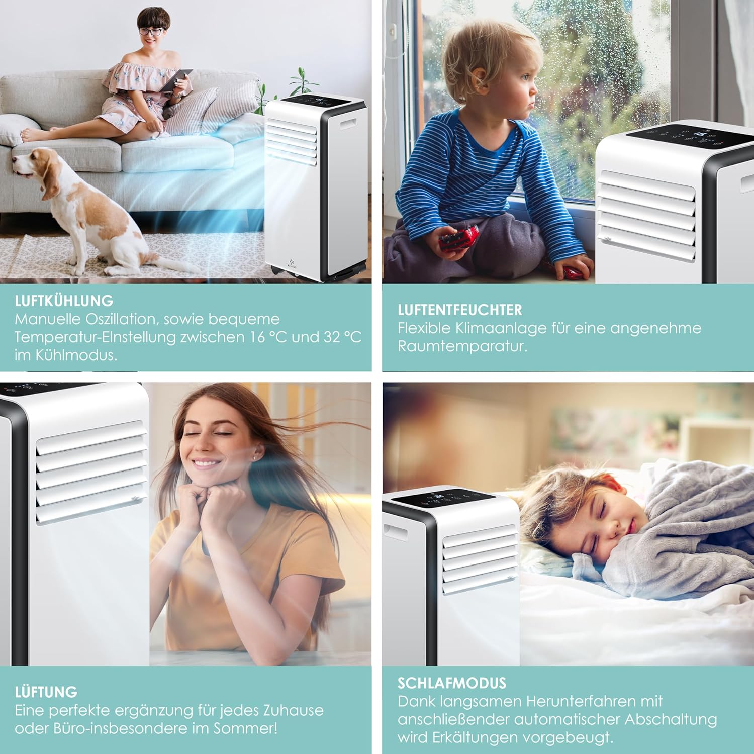 KESSER® Klimaanlage Mobiles Klimagerät 4in1 kühlen | Luftentfeuchter lüften | Ventilator 9000 BTU/h 1005W | Mobil Klima mit Montagematerial, Fernbedienung & Timer | Nachtmodus & 360° Rollen