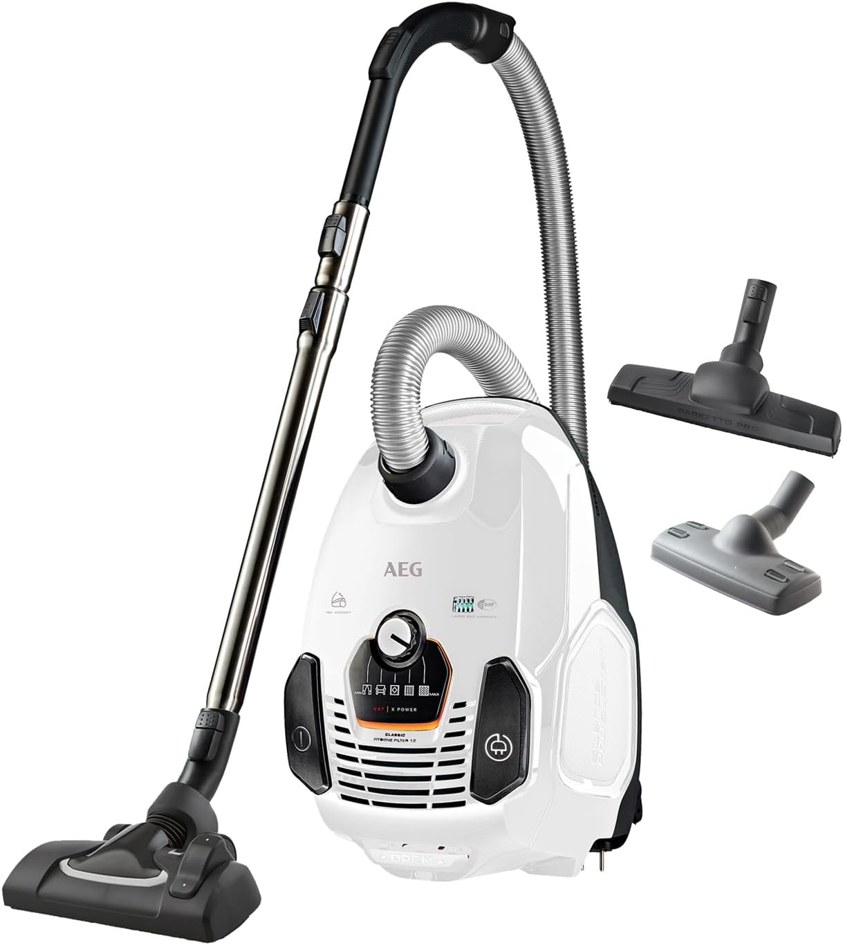 AEG VX7-2-IW-S Staubsauger / 360° drehbare Softrder / nur 69 db(A) / inkl. Zusatzdüsen / Ergo-Handgriff / waschbarer Filter / 650 Watt / 12 m Aktionsradius / neue technische Version / wei