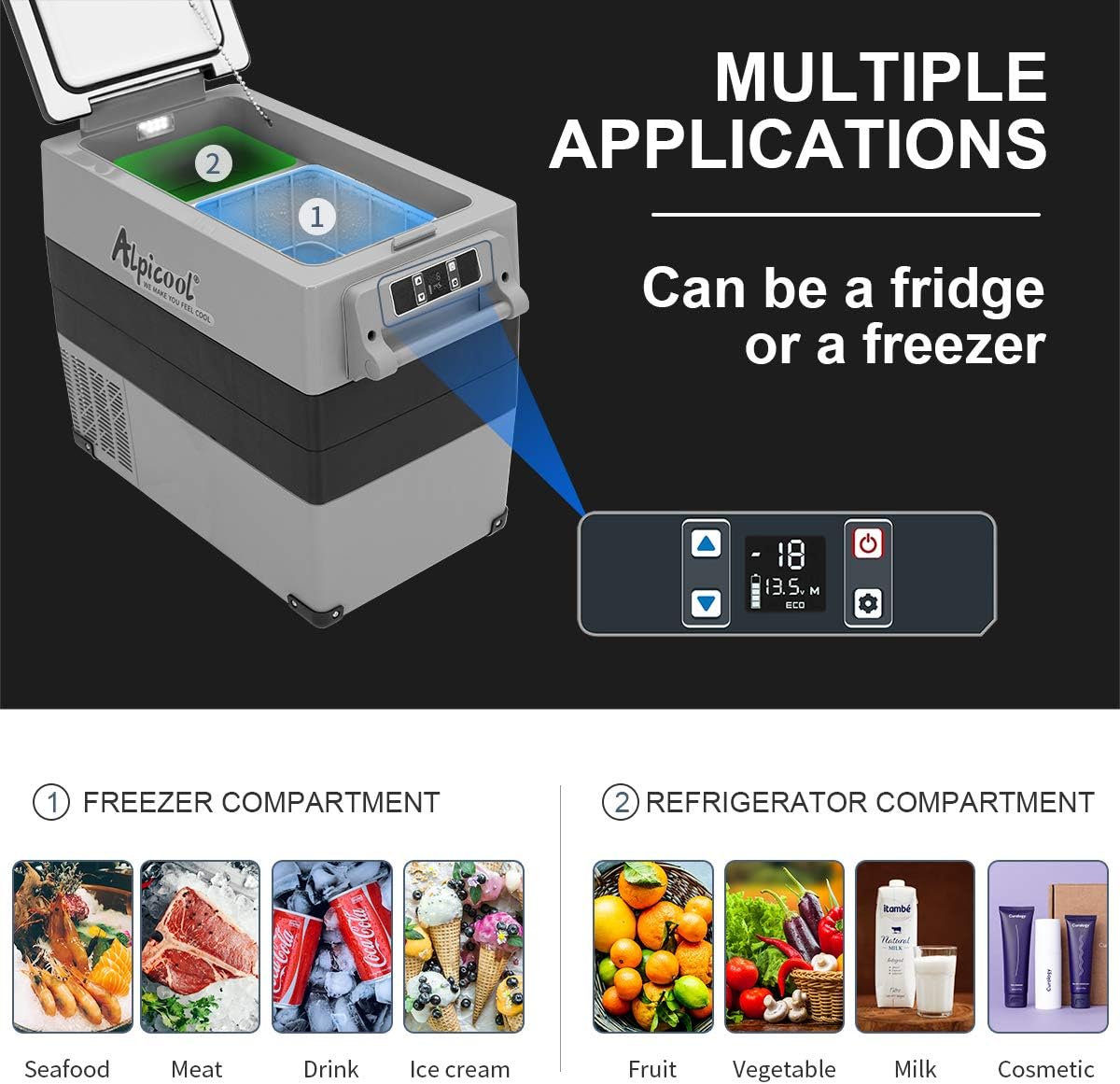 Alpicool CF55 55 Liter Kühlbox 12V tragbarer Mini-Kühlschrank elektrische Gefrierbox klein Gefrierschrank für Auto Camping, LKW, Boot und Steckdose mit USB-Anschluss, -20℃ bis 20℃