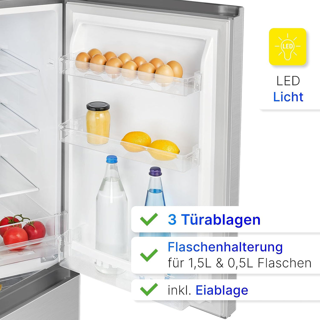 Bomann Fridge-Freezer KG 320.2, 143 cm High, Fridge-Freezer with 175 Litre Capacity, 3 Shelves and 3 Drawers, Door Stop Replaceable, Quiet Fridge-Freezer 39 dB, Black
