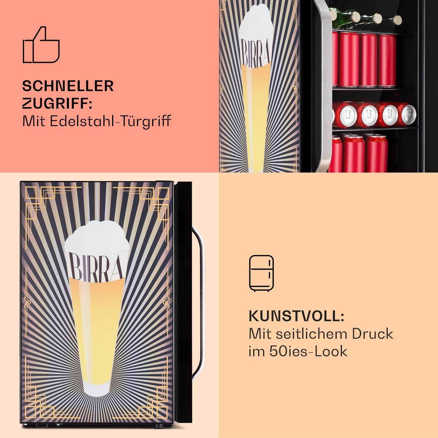 Klarstein Kühlschrank 70L, Kleiner Kühlschrank mit Herausnehmbaren Ablagen, Leiser Mini Kühlschrank mit Glastür & LED, Getränkekühlschrank Klein, Outdoor Geeignet, Biersafe für Flaschen, 0-10°C