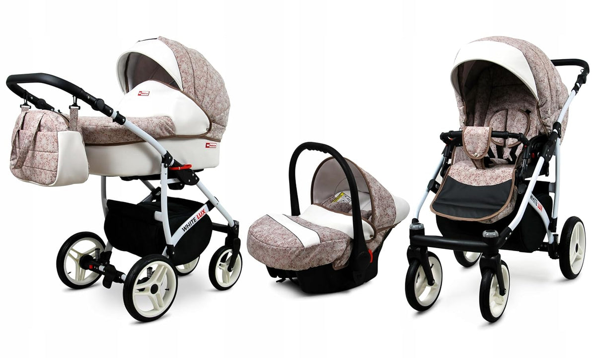 BabyLux® Bambimo Kinderwagen Set 3 in 1 - White Lux - incl. Babywanne, Buggy Sportsitz, Auto-Babyschale - Autositz - Kinderwagenset - Kombikinderwagen mit Wickeltasche, Regenschutz usw.