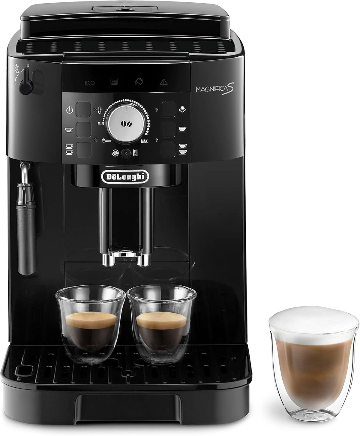 De'Longhi Magnifica Start ECAM222.60.BG, Kaffeevollautomat mit LatteCrema-Milchsystem für Automatischen Cappuccino, 4-Direktwahl-Tasten, Soft-Touch-Bedienfeld, x2-Funktion, 1450W, Schwarz/Grau