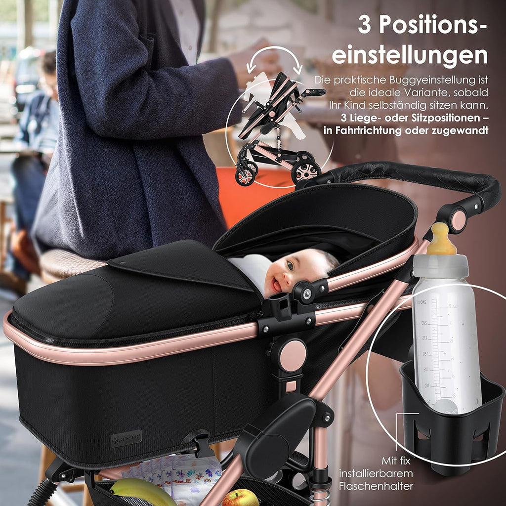 KESSER® Loops 3 in 1 Kinderwagen Kombikinderwagen Komplett-Set inkl. Babywanne & Buggy Sportsitz & Auto-Babyschale Voll-Gummireifen Wickeltasche Regenschutz Kindertisch ECE R129, Schwarz/Champagne