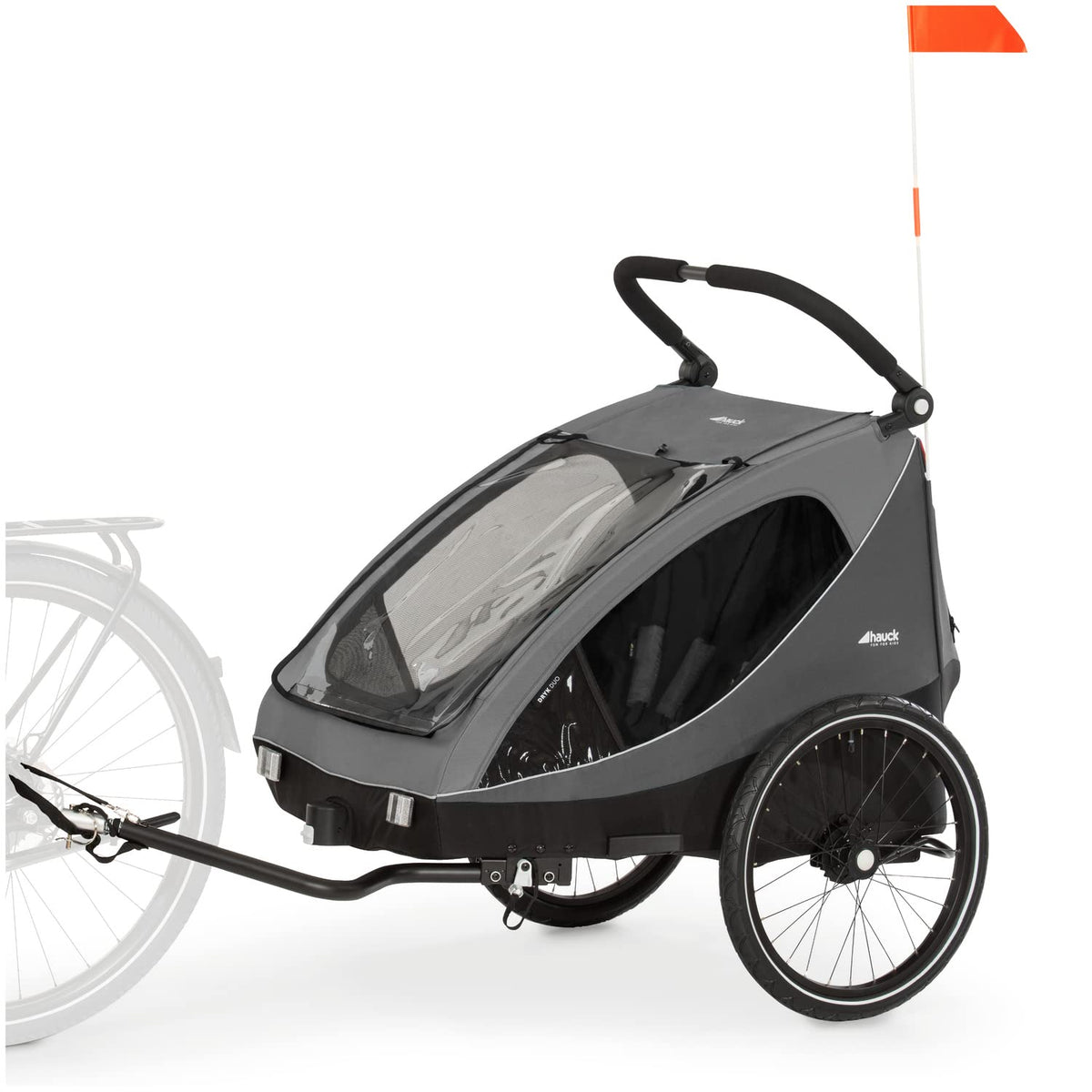 hauck Fahrradanhänger & Kinderwagen Dryk Duo Plus mit Federung, für 2 Kinder (6-48 Monate), inkl. Deichsel, Buggyrad, Fahne und LED Licht, Faltbar, Höhenverstellbar, XL Kofferaum (Dark Green)