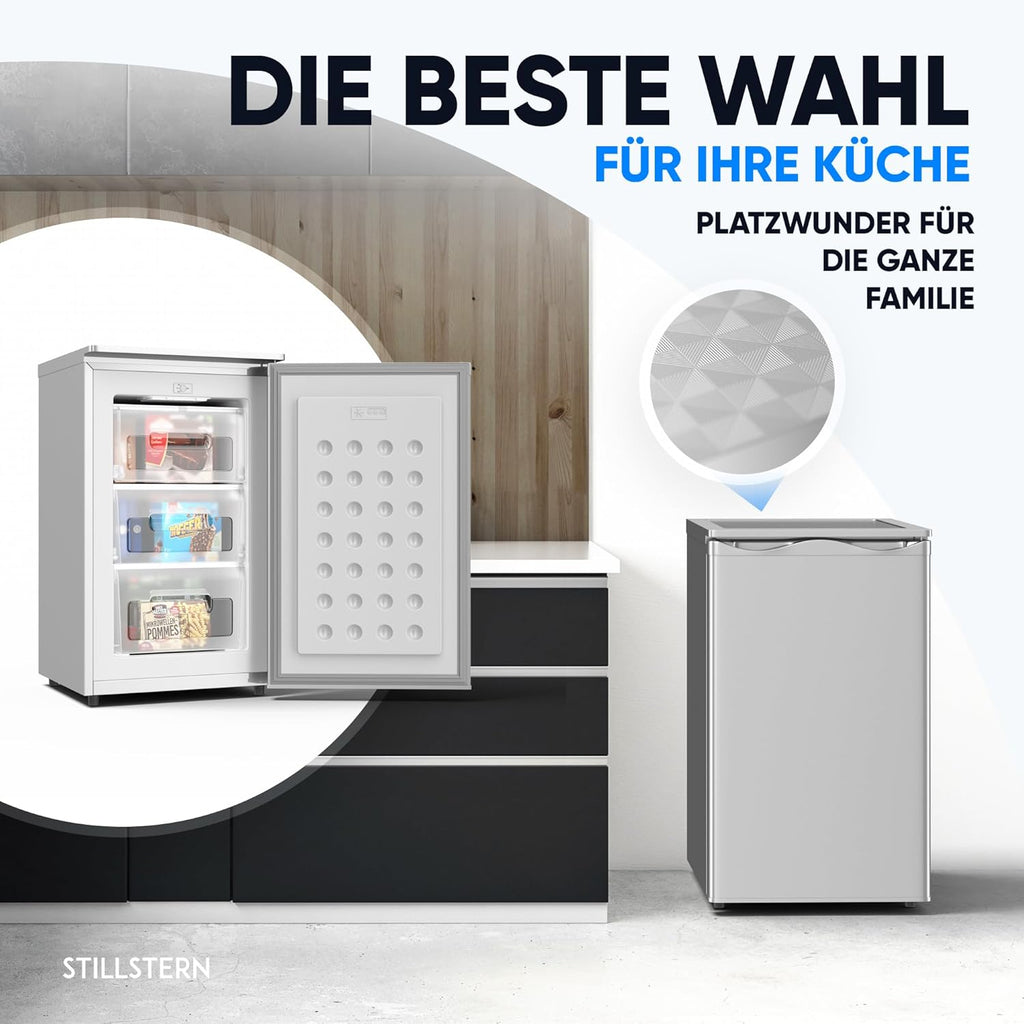 Stillstern Gefrierschrank C (73L) 4-Sterne-Gefrierfach -18°C, geringer Energieverbrauch, 3 Fächer, stufenlos regelbare Temperatur, wechselbarer Türanschlag, Gefrierschrank Klein, Tiefkühlschrank