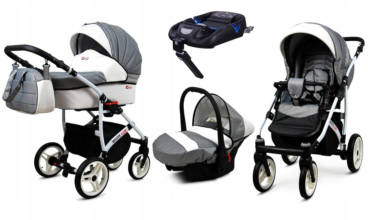 BabyLux® Bambimo Kinderwagen Set 3 in 1 - White Lux - incl. Babywanne, Buggy Sportsitz, Auto-Babyschale - Autositz - Kinderwagenset - Kombikinderwagen mit Wickeltasche, Regenschutz usw.