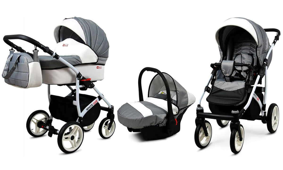 BabyLux® Bambimo Kinderwagen Set 3 in 1 - White Lux - incl. Babywanne, Buggy Sportsitz, Auto-Babyschale - Autositz - Kinderwagenset - Kombikinderwagen mit Wickeltasche, Regenschutz usw.
