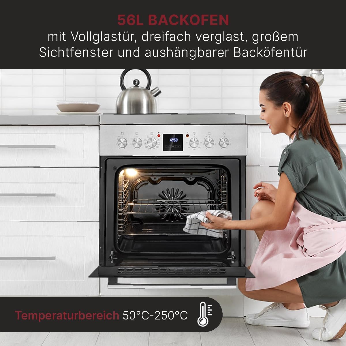 Bomann Elektroherd-Set | Einbauherd mit Ceranfeld | Kochfeld mit 4 Kochzonen | Einbaubackofen mit 56l Nutzinhalt | 9 Backofen Funktionen | Glaskeramik-Kochfeld mit Bräterzone | EHBC 7936 IX