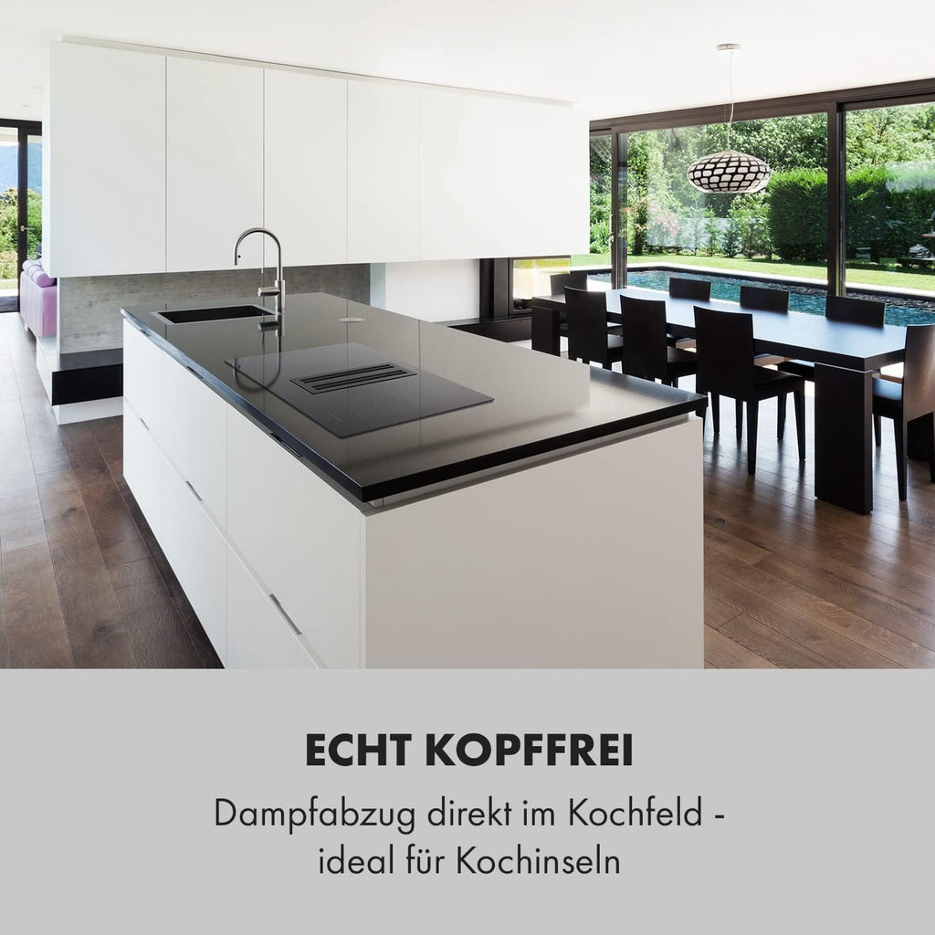 Klarstein 2-in-1 Induktionskochfeld mit Dunstabzug, Induktionskochfeld mit Abluft & Ventilator, 4-Zonen-Kochfeld, Glaskeramik-Einbauherd, Kochfeld mit Dunstabzug, Energieklasse A, 654m³/h Luftstrom