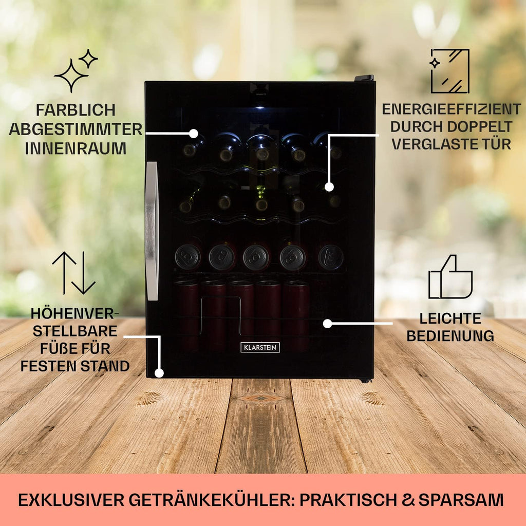Klarstein Mini Kühlschrank mit Glastür für Zimmer, Getrnkekühlschrank mit Verstellbaren Ablagen, Kleiner 80 Liter, Indoor/Outdoor Kühlschrank Leise