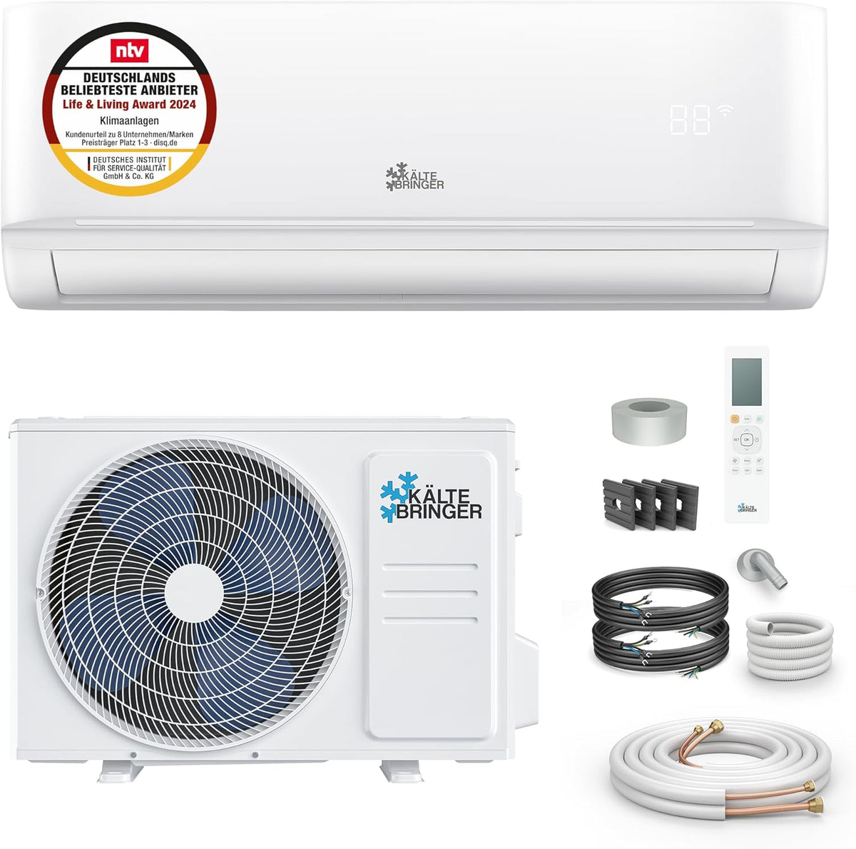 Kältebringer Split Klimaanlage - 9000 BTU (2,6 kW) - Klimagerät mit Heizfunktion, WiFi & App, bis 45qm, sehr leise - Set mit 5m Kupferleitung, Kältemittel R32, Montagematerial, Wandhalterung