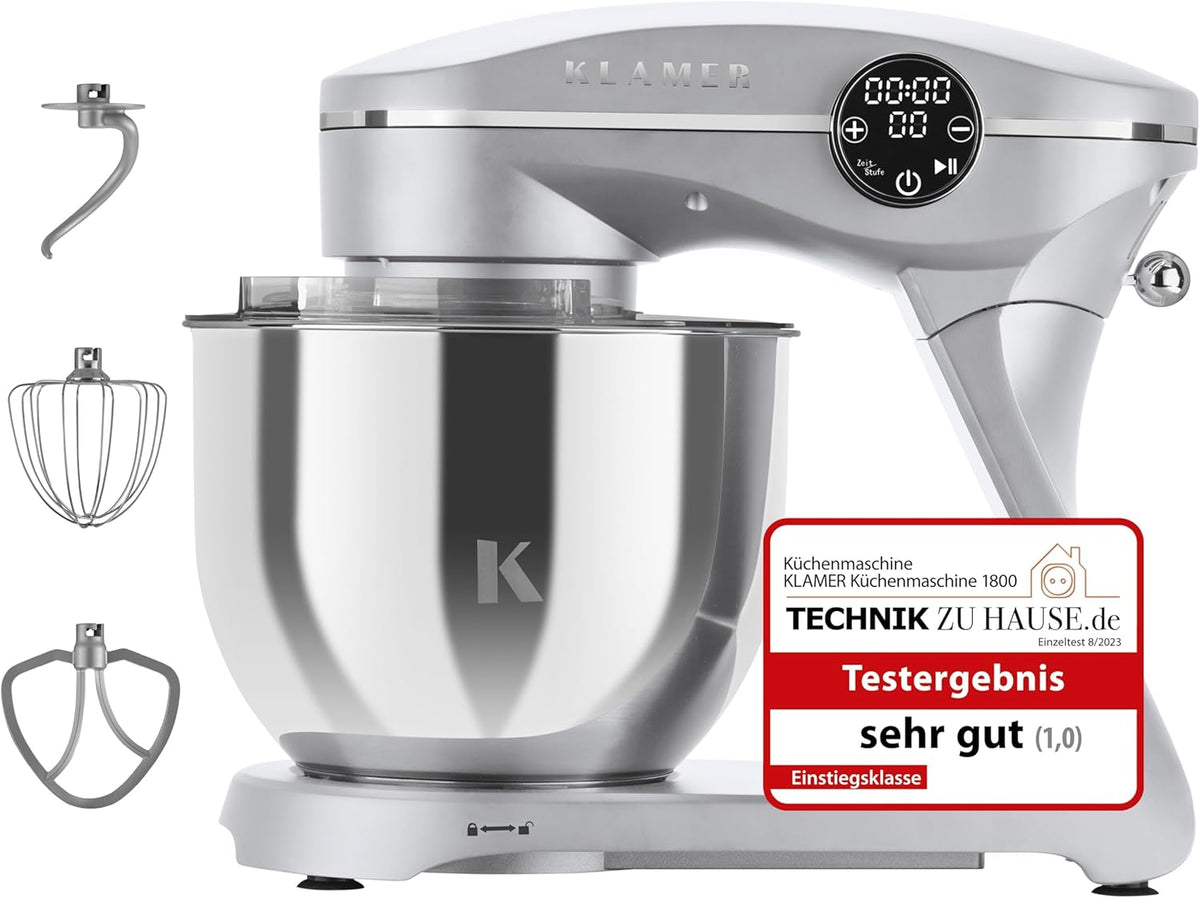 KLAMER Küchenmaschine 1800W, Knetmaschine mit 6 Liter Edelstahl Schüssel, 10 Geschwindigkeitsstufen mit Timer, Rührbesen, Knethaken, Schneebesen und Spritzschutz