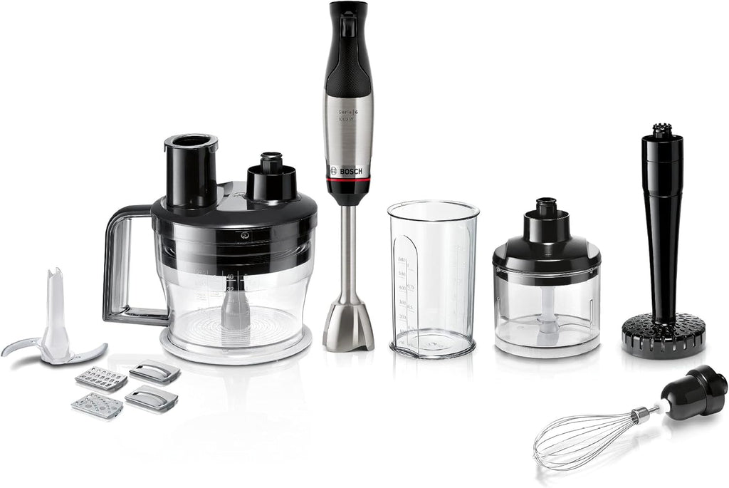 Bosch Stabmixer ErgoMaster Serie 6 MSM6M673, 10 Jahre Motorgarantie, Edelstahl-Klingen, verschleifreie Keramik-Kupplung, Luftkühlung, Zerkleinerer, Kartoffelstampfer, Schneebesen, 1000 W