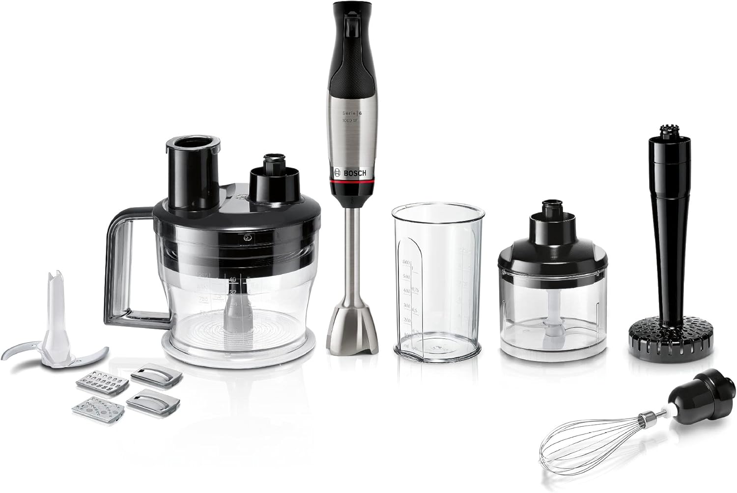 Bosch Stabmixer ErgoMaster Serie 6 MSM6M673, 10 Jahre Motorgarantie, Edelstahl-Klingen, verschleifreie Keramik-Kupplung, Luftkühlung, Zerkleinerer, Kartoffelstampfer, Schneebesen, 1000 W