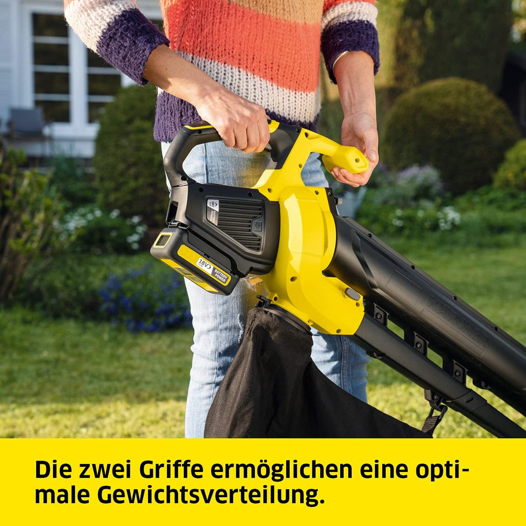 Kärcher 18 V Akku-Laubbläser und -sauger BLV 18-200 Battery Set, inkl. 18 V/2,5 Ah Akku und Schnellladegerät, mit Mulchfunktion, Luftgeschwindigkeit: 200 km/h, Fangsackvolumen: 45 l, Gewicht: 3,5 kg