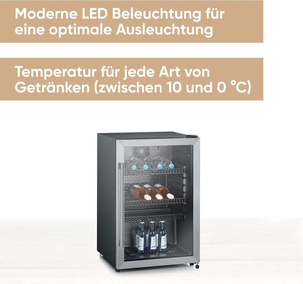 SEVERIN Flaschenkühlschrank, mit integriertem Schloss und integrierter LED-Beleuchtung, 118 L Nutzinhalt, schwarz/silber, FSK 8840