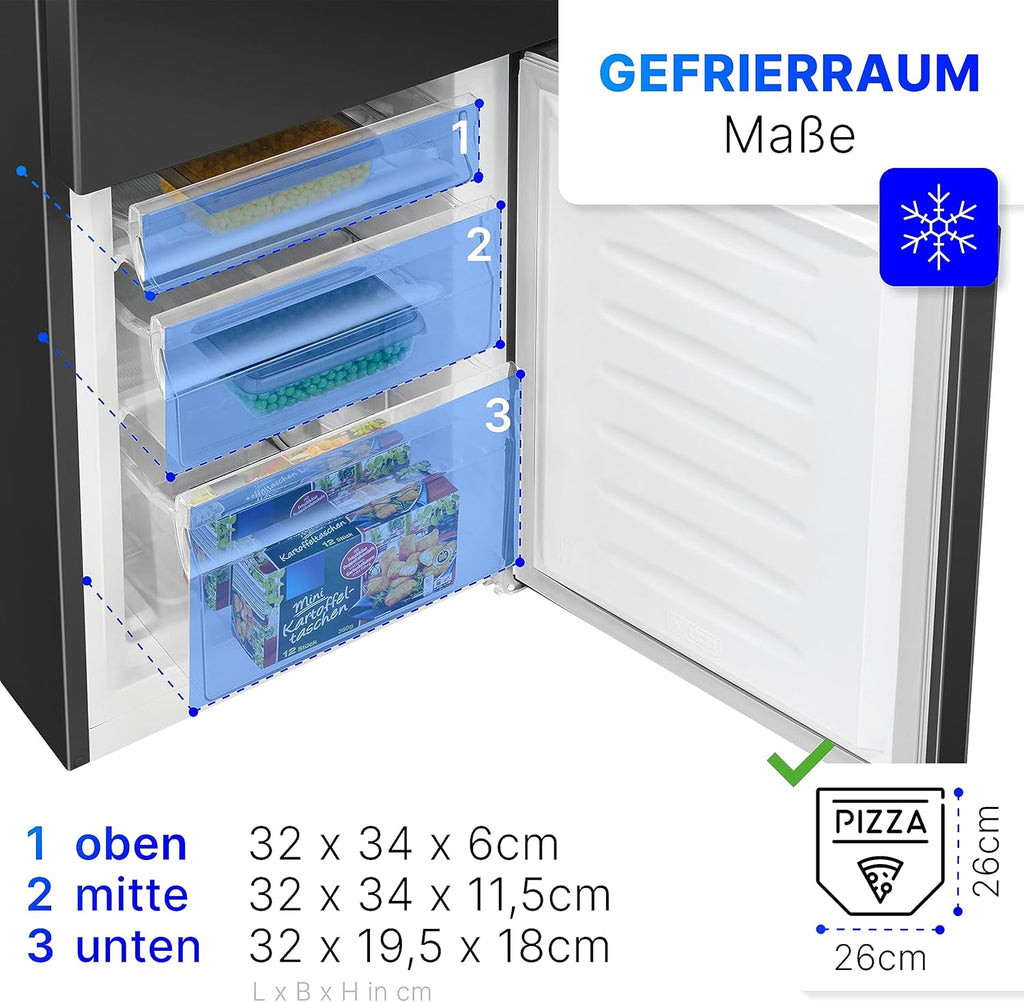 Bomann Fridge-Freezer KG 320.2, 143 cm High, Fridge-Freezer with 175 Litre Capacity, 3 Shelves and 3 Drawers, Door Stop Replaceable, Quiet Fridge-Freezer 39 dB, Black