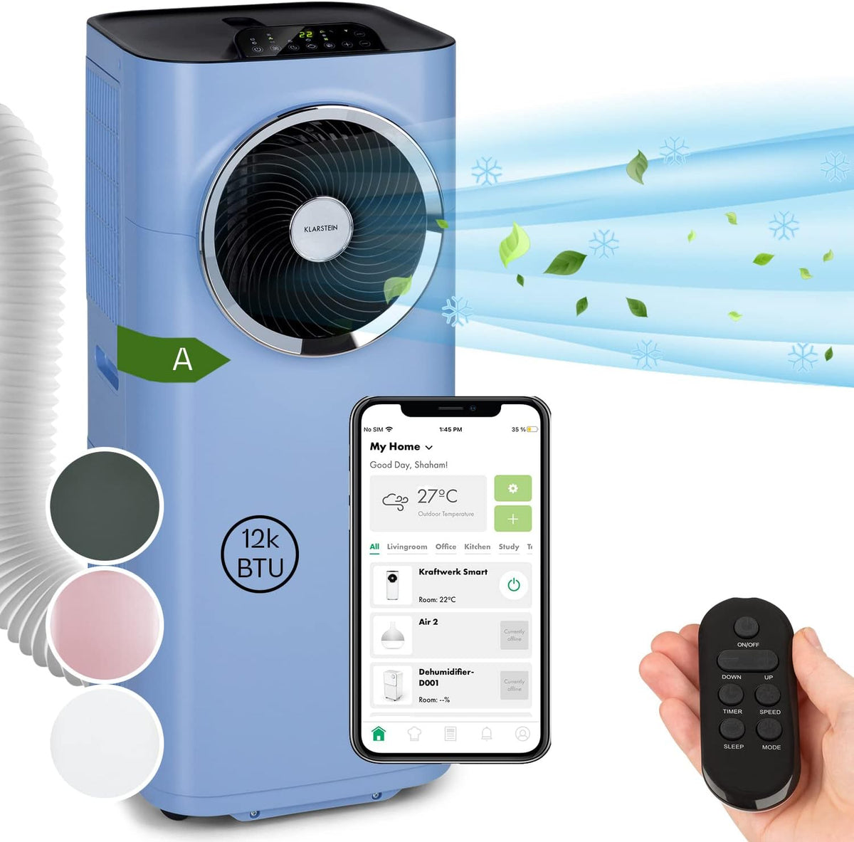 Klarstein Mobile Klimaanlage mit Abluftschlauch, 5-in-1 Klimagerät, Ventilator, Luftentfeuchter, Luftreiniger & Nachtmodus, App-Steuerung, Kleine & Portable für Wohnung & Büro, 12000 BTU