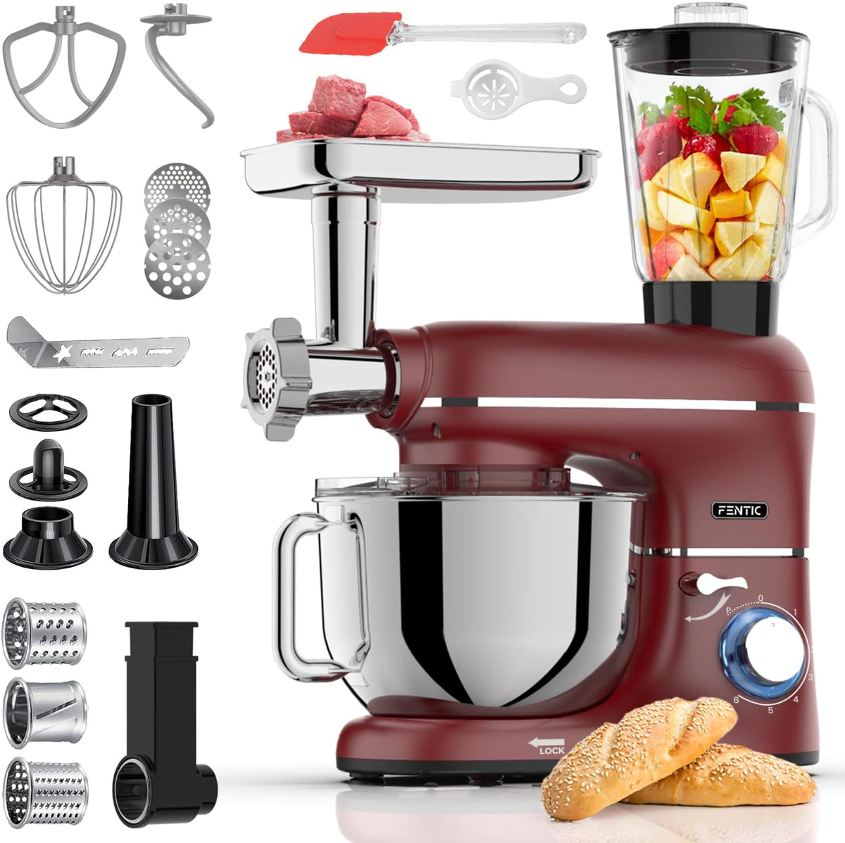 Fentic 6-in-1 Küchenmaschine – 2000W – Mit Fleischwolf, 1,5L Entsafter, Gemüseschneider und Mehr – Knetmaschine mit 6,2L Rührschüssel, Rührhaken, Knethaken, Schlagbesen und Spritzschutz (Schwarz)