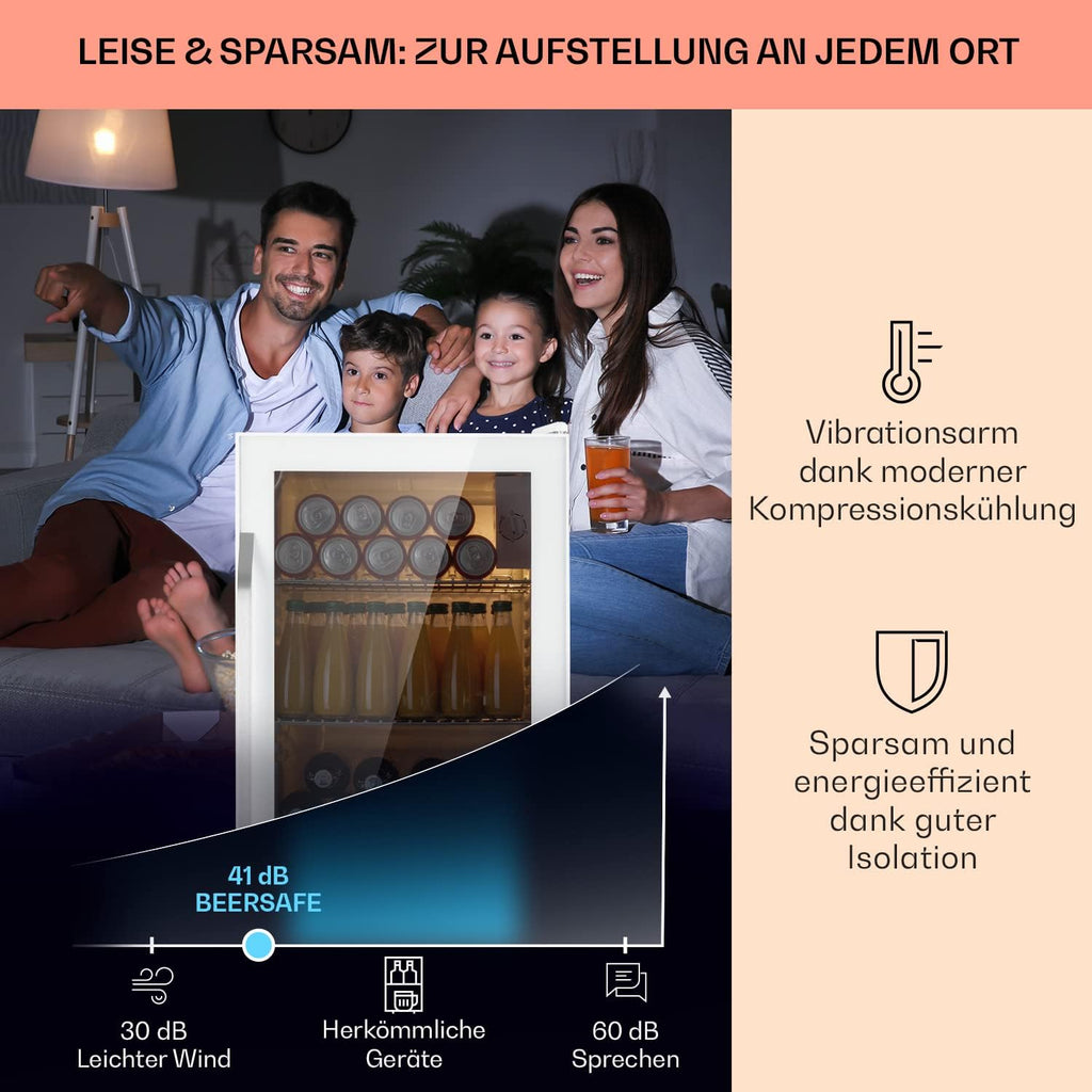 Klarstein Mini Kühlschrank mit Glastür für Zimmer, Getrnkekühlschrank mit Verstellbaren Ablagen, Kleiner 80 Liter, Indoor/Outdoor Kühlschrank Leise