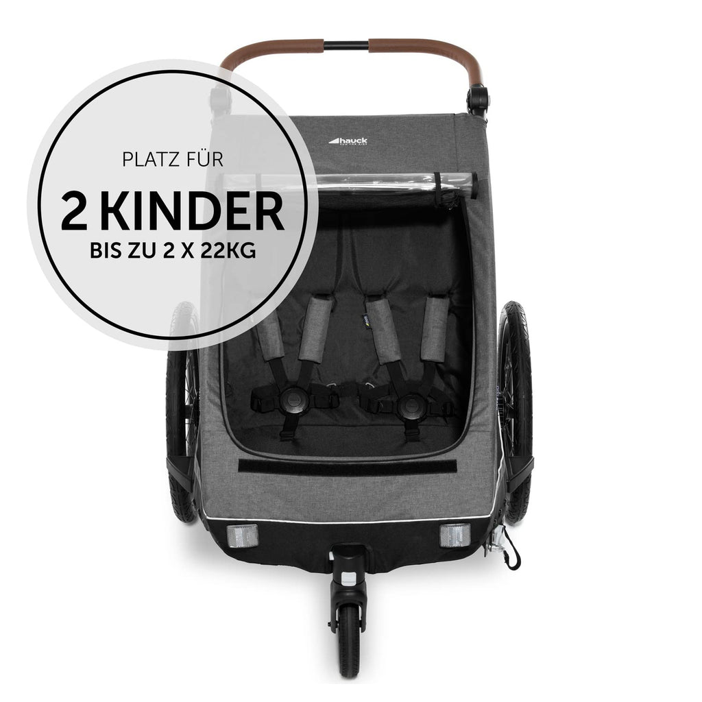 hauck Fahrradanhänger & Kinderwagen Dryk Duo Plus mit Federung, für 2 Kinder (6-48 Monate), inkl. Deichsel, Buggyrad, Fahne und LED Licht, Faltbar, Höhenverstellbar, XL Kofferaum (Dark Green)