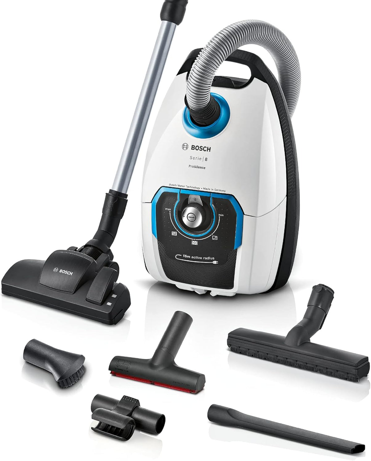 Bosch Staubsauger mit Beutel Serie 8 BGB75X494, Bodenstaubsauger, ideal für Allergiker, Hygiene-Filter, Bodendüse für Parkett, Teppich, Fliesen, langes Kabel, leise, 650 W, blau