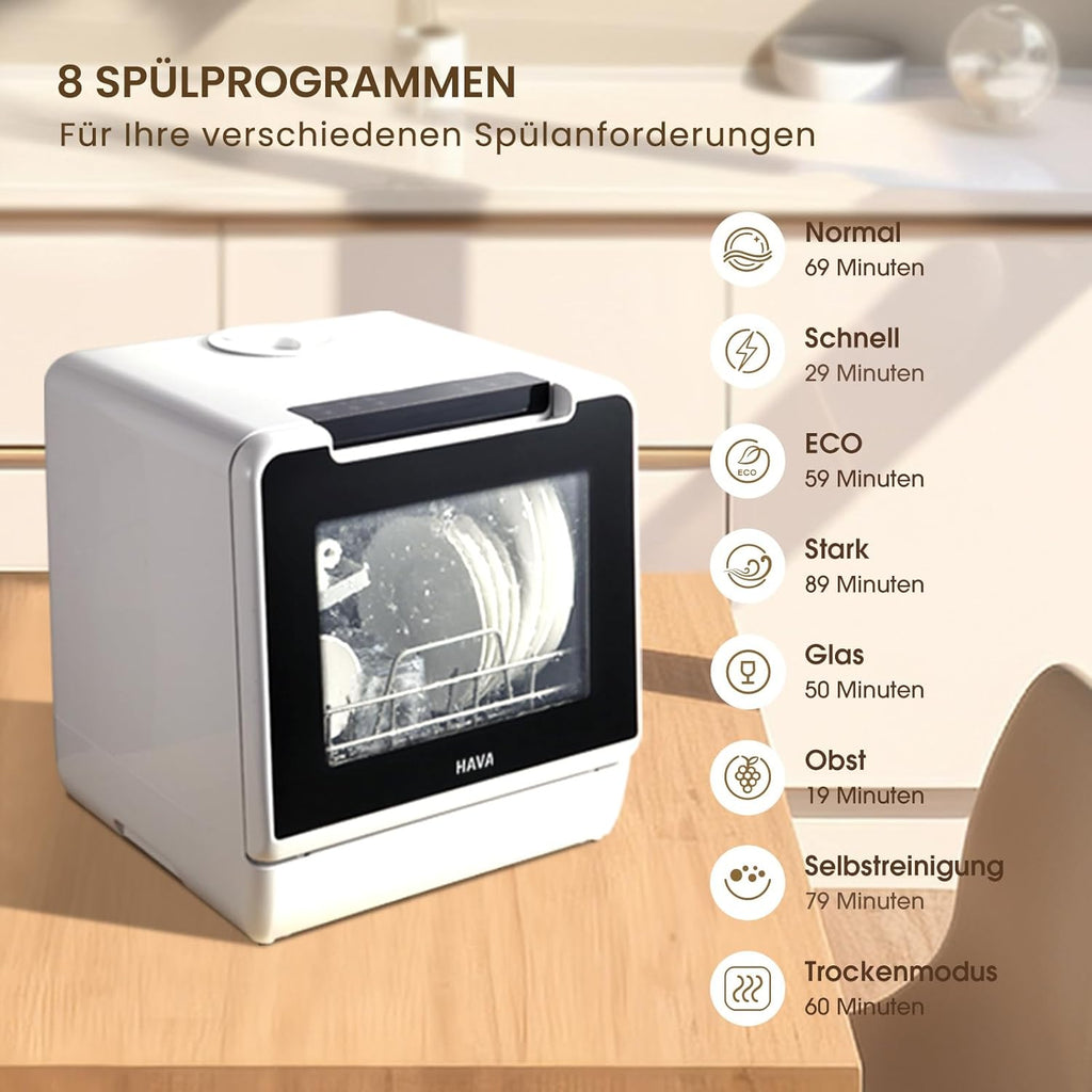 HAVA Tischgeschirrspüler, 8 Programme NEUES Modell, mini Spülmaschine mit Kindersicherung & Startverzögerung, 5L Wassertank für Wohnungen, Schlafsäle und Wohnmobile