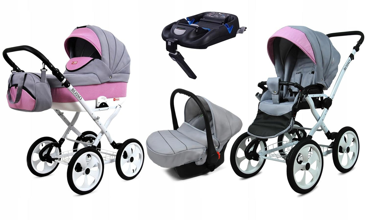 BabyLux® Bambimo Kinderwagen Set 2 in 1 - Rosso - incl. Babywanne, Buggy Sportsitz - Kinderwagenset - Kombikinderwagen mit Wickeltasche, Regenschutz, Moskitonetz, Cupholder usw.