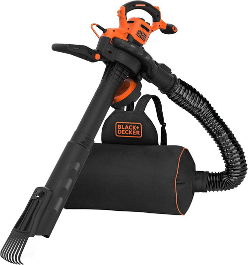 Black+Decker 3-in-1 Elektro-Laubsauger/Laubblser BEBLV301 (3.000 Watt, mit Hcksler + aufsteckbarem Laubrechen, 72l Fangsack-Rucksack - hohe Blasgeschwindigkeit & verstellbare Saugleistung)