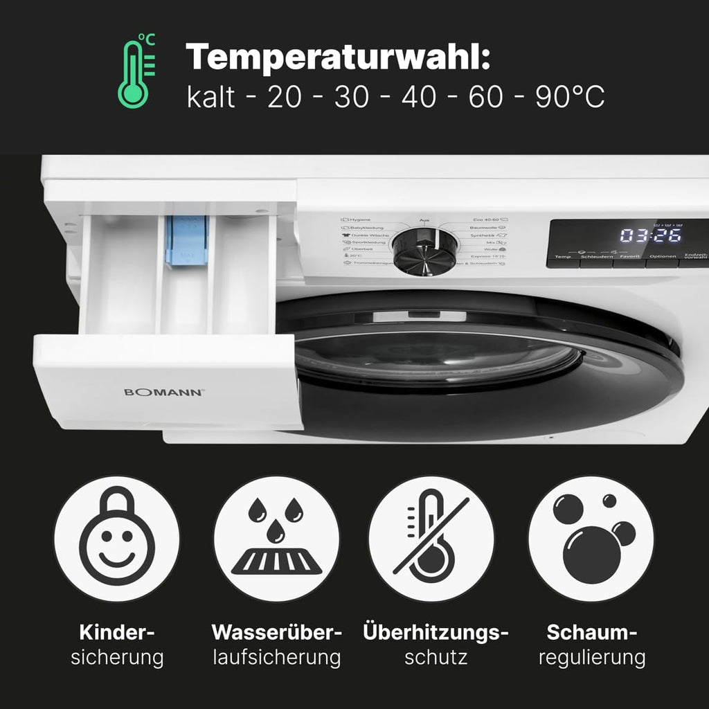 Bomann Waschmaschine 7kg | max. 1400 U/min | 10 Jahre Motor-Garantie | effizienter, leiser & langlebiger Invertermotor | 15 Programme | Endzeitvorwahl | LED-Display | Washing Machine | WA 7175 wei