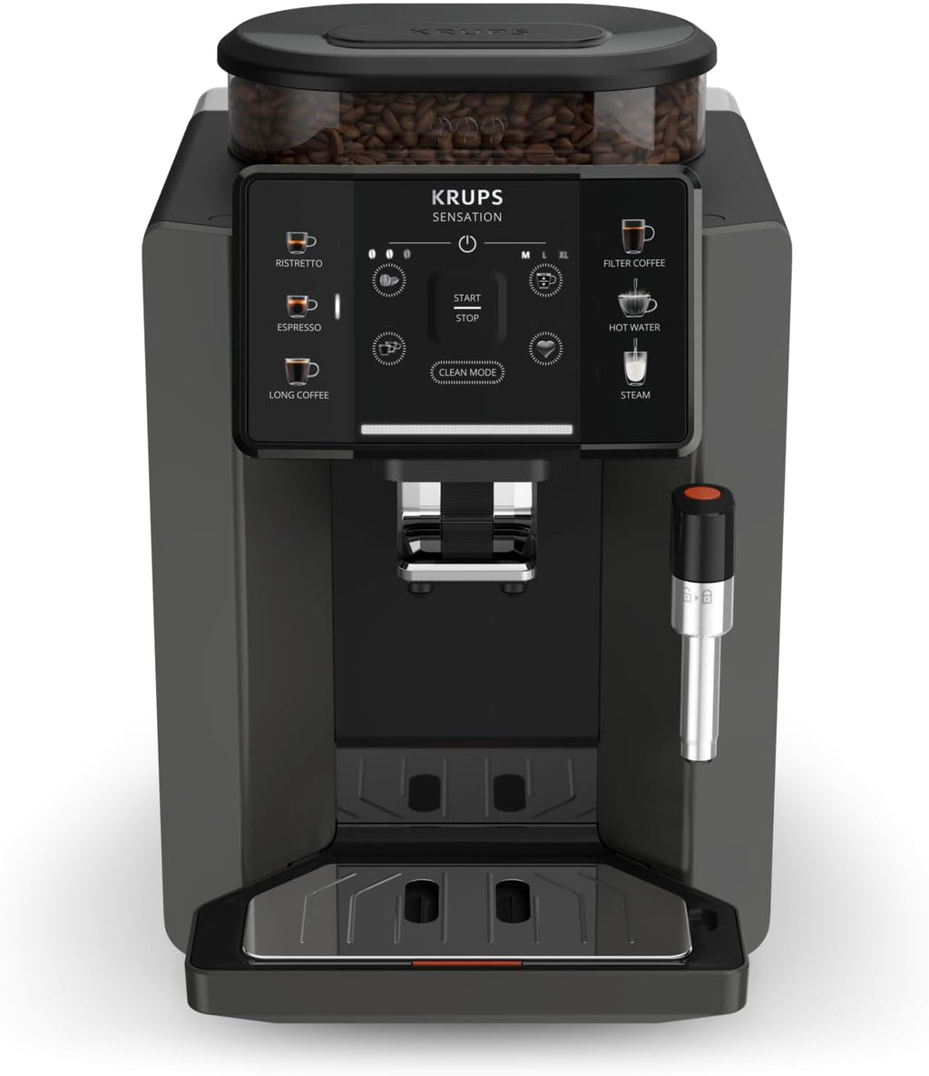 Krups Sensation Kaffeevollautomat, Milchschaumdüse, 5 Getränke, Filterkaffee-Funktion, 2-Tassen-Funktion, Kaffeemaschine, Schwarz, EA910810