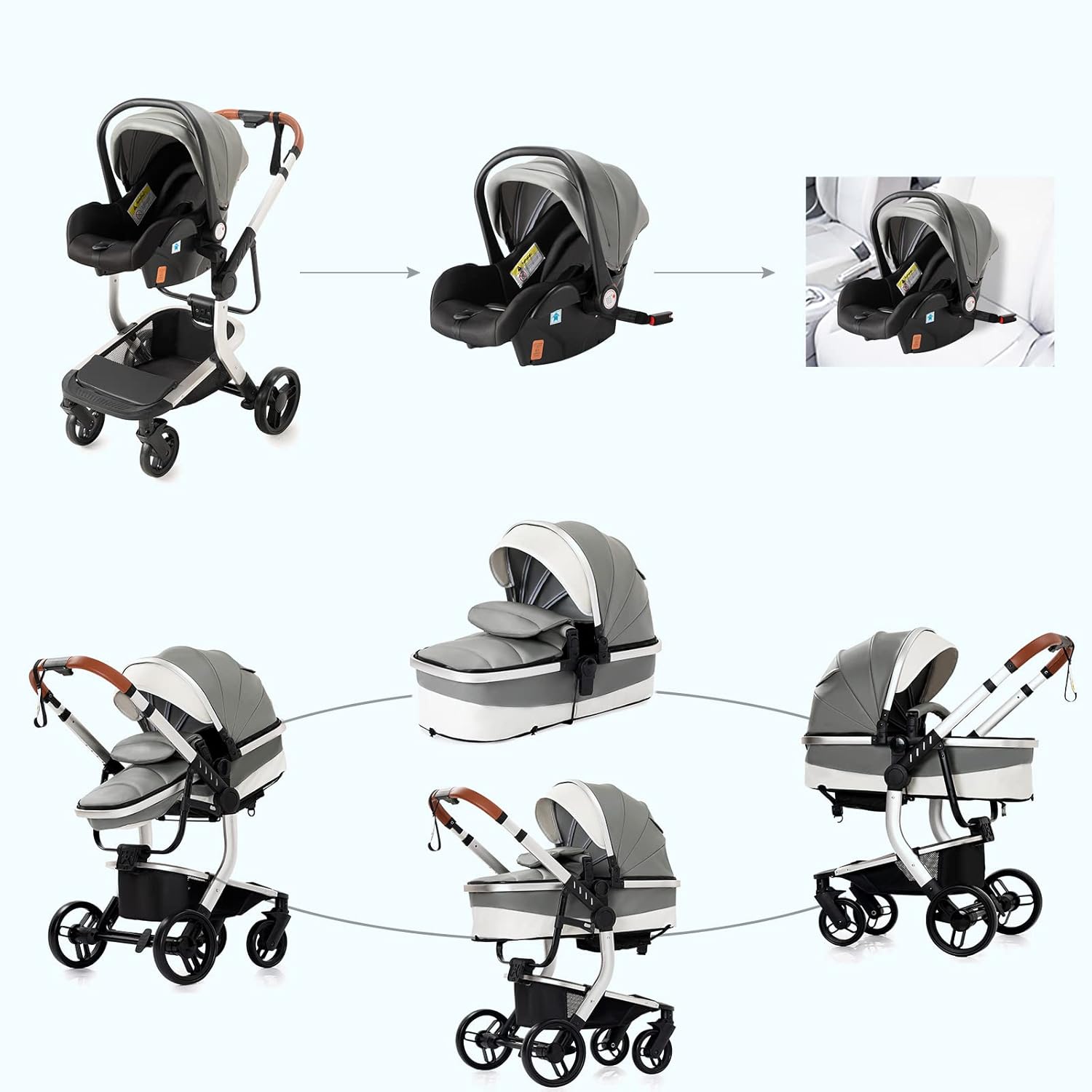 3 in 1 Kombikinderwagen 3 in 1 Reisesysteme Kinderwagen Infant Hochlandschaft Liegender Buggy Kinderwagen Neugeborenen Kinderwagen Faltbarer Standardkinderwagen (906 White)